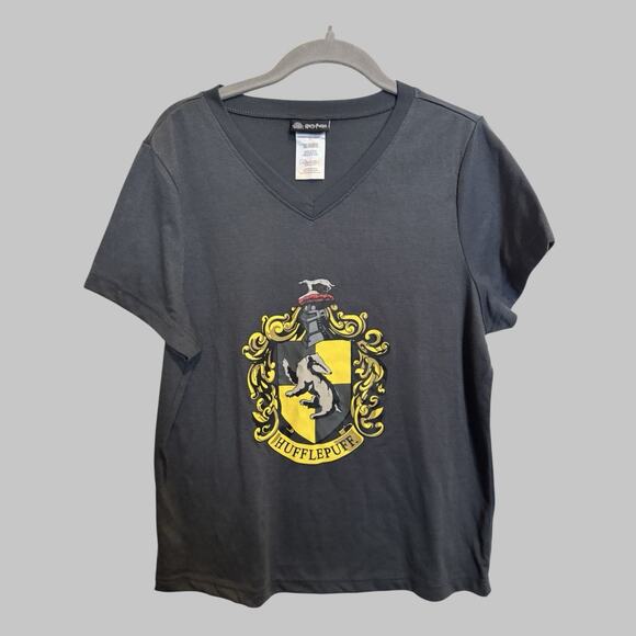 Harry Potter Hufflepuff Crest V Neck Dark Grey Fantasy Wizarding World Magical L - Picture 1 of 9